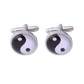 Silver round Yin Yang Tai Chi enamel cufflinks with polished metal T-bar design - Black White Tai Chi Silver Base (B1378-1)