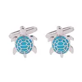 Boutons de manchette tortue en argent poli avec des motifs en émail bleu ciel - Base Argentée (B1359-1BLU) / Bleu Ciel