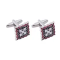 Elegant men's square cufflinks with red and black enamel patterns and wavy silver edges - Square Wavy Edge (B1350) / Silver Red Black