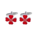French style red four-leaf clover cufflinks for men with polished silver finish - Red