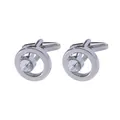 Elegant silver round cufflinks with clear crystal diamond center for formal business suits - White (B1341-2WH)