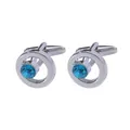 Silver round metal cufflinks with centered blue faceted crystal and T-back closure - Blue (B1341-3BLU)