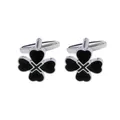 Men's silver cufflinks with black four-leaf clover heart enamel insets for french shirts - Black