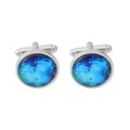 Men's silver round cufflinks featuring a blue starry nebula art stone inlay design - Silver Style(B1374-1)