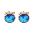 Elegant pair of round gold cufflinks featuring deep blue starry sky glass cabochons - Gold Style(B1374-2)