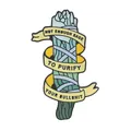 Detail of enamel sage pin with yellow ribbon featuring funny slogan and metal texture - Sage Green
