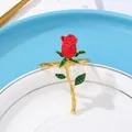 Red enamel rose napkin ring with green crystal leaves and white pearl on gold base - Rose Pearl Rhinestone Style (Z1128-3)