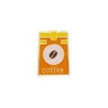 Detailed view of an orange enamel coffee bag pin with bean icon and coffee text - Coffee Bag Style (C1562-1)