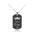 Close-up of black dog tag necklace with Her King crown engraving and blue crystal - Her King Necklace (A2114)