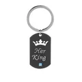 Close-up of matte black dog tag keychain with Her King crown engraving and blue crystal - Her King Keychain (D1204)