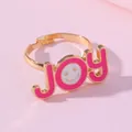 Bague réglable JOY en émail rose avec smiley doré pour enfants, style mignon - Lettre JOY Rose (E1209-2)