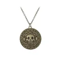 Vintage bronze skull pendant necklace with Aztec geometric patterns on a white background - Bronze