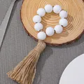 Bohemian wood bead napkin rings with natural jute tassels on rustic table decor - White (Z1137)