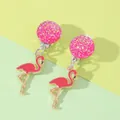 Pink flamingo clip-on earrings for girls featuring sparkling sequins and gold alloy finish - Flamingo