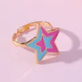 Bague dorée ajustable avec une étoile mignonne en émail rose et bleu pour filles - Étoile Bleu Rose (E1209-14)