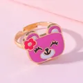 Bague ajustable dorée pour enfants avec un mignon motif d'ours en émail rose - Ours Souriant Rose (E1209-18)