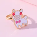 Bague dorée ajustable avec charm alpaga blanc et nœud rose mignon pour enfants - Alpaga à Fleur Blanche (E1209-24)