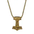 Macro view of Mjolnir hammer pendant with Nordic relief patterns on bead chain - Bronze
