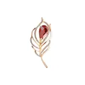 Elegant gold feather brooch with a large red teardrop stone and crystal pavé details - Elegant Feather (C1048)
