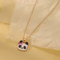Close-up of golden panda pendant necklace with pink bow accent on enamel panda face - Panda Pink Bow (A2889-20)