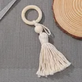 Portatovaglioli bohémien con perline di legno beige e nappe fatte a mano su tessuto grigio - Stile Nappa Boho (Z1136)