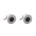 Polished silver cufflinks with black round stone and crystal halo on white background - Black