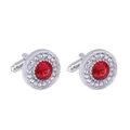 Polished silver round cufflinks featuring a large red zircon center with dual halo crystal rings - Red