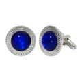 Silver cufflinks with round blue cat-eye stone inlay and textured rhombus edge details - Round Blue Cat Eye Look Style (B1403-BLU)