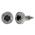 Silver-toned round cufflinks featuring a black gemstone inlay and sparkling diamond accents - Round Black Rhinestone Style (B1398)