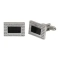 Silver square cufflinks for men with black enamel center and textured metal borders - Rectangular Black Enamel Style (B1400)