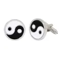 Polished silver alloy cufflinks featuring a classic black and white Yin Yang Tai Chi design - Classic Tai Chi Bagua Style (B1429)