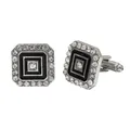Mens square silver and black cufflinks with crystal inlay and T-link toggle closure - Square Meander Rhinestone Style (B1402)
