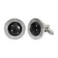 Silver-toned round cufflinks with textured edges and polished black onyx inlay - Round Black Agate Look Style (B1403-BL)