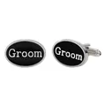 Elegantes gemelos ovalados negros con texto Groom plateado para camisas de boda - Estilo Novio (B1404)