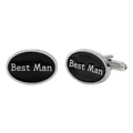Gemelos ovalados plateados con esmalte negro y texto Best Man para camisas de boda - Estilo Padrino (B1406)