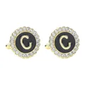 Men's round cufflink with black enamel, crystal border, and golden letter C design - Style C