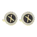 Elegant gold round cufflinks with black enamel letter X and sparkling crystal border - Style X