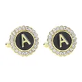 Classic round gold cufflink featuring black enamel and a sparkling rhinestone letter A - Style A