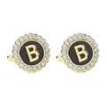 Gold cufflinks with black enamel, white crystals, and engraved letter B detail - Style B