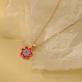 Charming gold-tone cross chain necklace featuring a colorful red and blue enamel flower pendant - Red Blue Purple Flower (A2889-4)