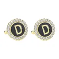 Men's round gold cufflinks with black enamel base, letter D and crystal rhinestones - Style D