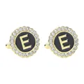 Golden round cufflinks featuring black enamel letter E and sparkling crystal border - Style E