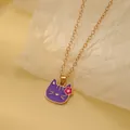 Golden chain necklace featuring a cute purple enamel cat pendant with a red flower detail - Purple Cat Flower (A2889-6)