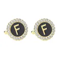 Elegant men's round cufflinks featuring golden letter F with rhinestones on black enamel - Style F