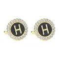 Classic round gold cufflinks with sparkling rhinestones and black H initial letter - Style H