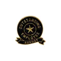 Macro shot of Outstanding Employee August brooch with gold star on black ribbon pin - August