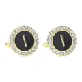 Golden round cufflinks with black enamel center, letter I, and sparkling crystals - Style I