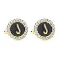 Men's gold-tone round cufflinks with black enamel, sparkling crystals and letter J - Style J