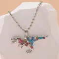 Close-up of T-Rex dinosaur pendant featuring colorful rhinestones on a silver bead chain - Tyrannosaurus Rex Style (A2904-3)