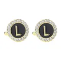 Golden round cufflink with black enamel, letter L and crystal border set - Style L